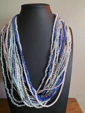 Layered Multi-Strand Blue & Pastel Beaded Necklace , 17 Strands